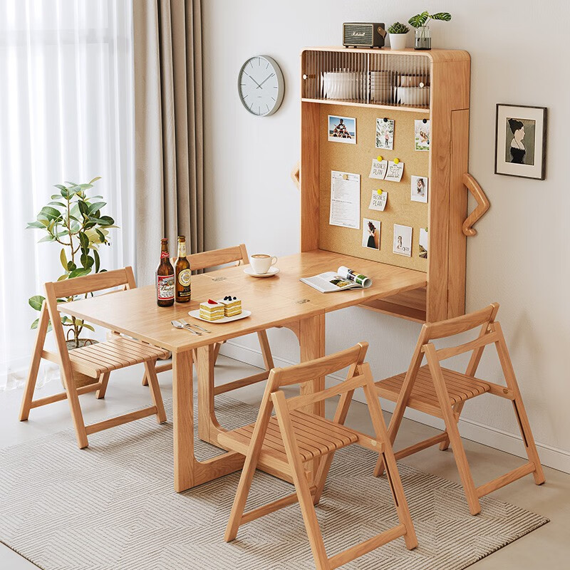 Xiao Mu Wu Cabin Qiaoba dining table folding solid wood hanging dining table and sideboard integrated small apartment table and chair combination single dining table | solid wood color