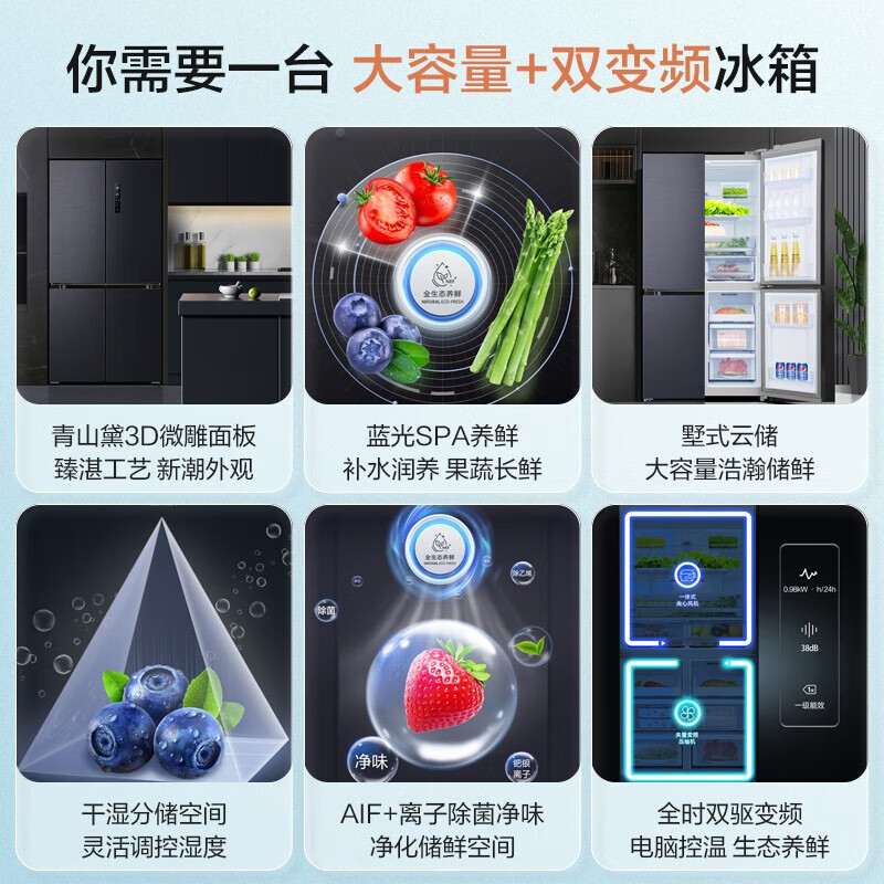 Rongsheng 620L cross-door four-door refrigerator, ultra-thin and ultra-large capacity, first-class energy efficiency, dual drive, frequency conversion, air-cooling, frost-free, sterilization, full ecological freshness, new national subsidy, blue light freshness BCD-620WD19FP