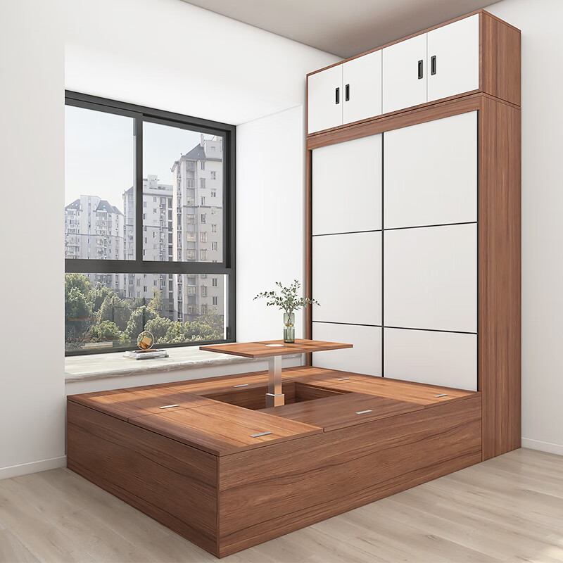 Pingzi set tatami wardrobe integrated bed bedroom furniture storage bookcase wardrobe bed box ENF grade paint-free board customization embossed walnut color 1.5m tatami + bookshelf cabinet + wardrobe