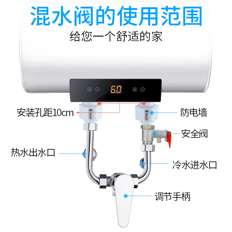 JIEGUAN electric water heater mixing valve hot and cold faucet shower shower surface-mounted large flow U-shaped valve switch special universal large flow stainless steel U-shaped valve + safety valve
