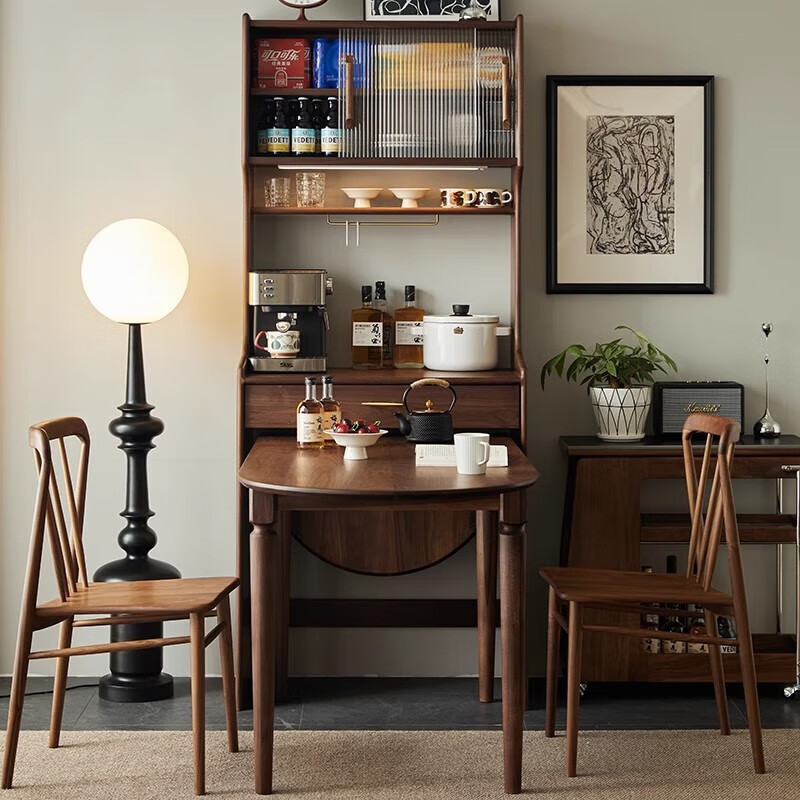 First pick-up black walnut sideboard solid wood dining table integrated cabinet folding wall high cabinet with built-in table wine cabinet multi-function North American black walnut sideboard 0.8M