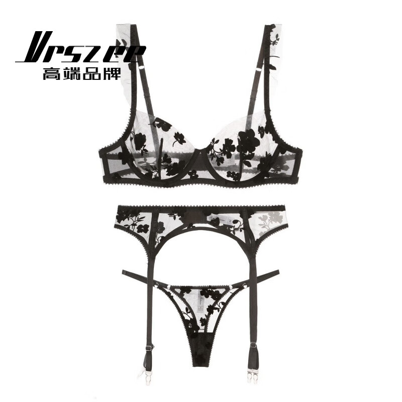 VRSZEE high-end brand underwear female sexy thin embroidered lace bra set push-up bra temptation underwear bikini black three-piece set 80B