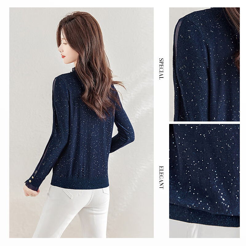 Cypress ear-hemmed bottoming shirt 2025 autumn new women's mesh splicing long-sleeved short top