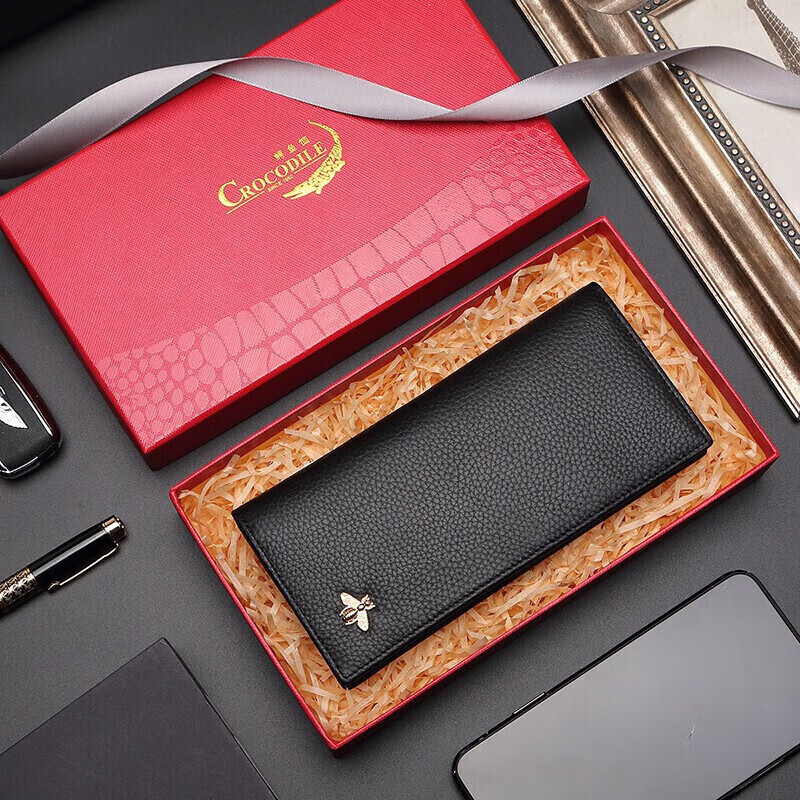 Crocodile shirt New Year's gift first layer cowhide simple women's long wallet bee folding ticket holder girl's birthday black