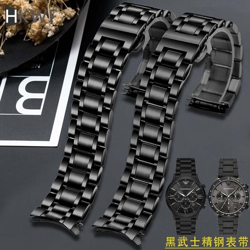 HKWF adapts to Armani Black Warrior strap black steel strap ar6008 Casio Citizen Seagull metal watch chain five strains - black 18mm