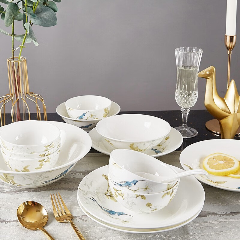 Yuquan tableware set Chinese household ceramic tableware rice bowls and plates kitchen set dishes and bowls Gaochun ceramics Green Spirit 20-piece set