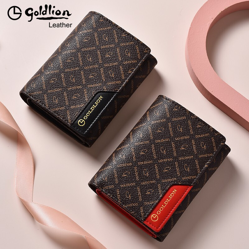 Goldlion Wallet Women's Short Style Women's Fashion Versatile Tri-fold Vertical Gift Box Wallet Women's Card Holder 2025 New Small Wallet Coffee Matching Red Officially Authorized - One fake will be fined ten