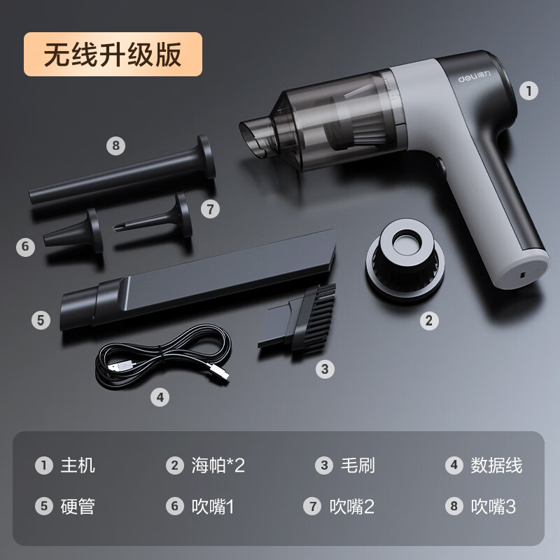 Deli wireless car vacuum cleaner, dual-purpose car with high suction power, suitable for car use, dual-purpose suction and blowing, long battery life for desktop cleaning