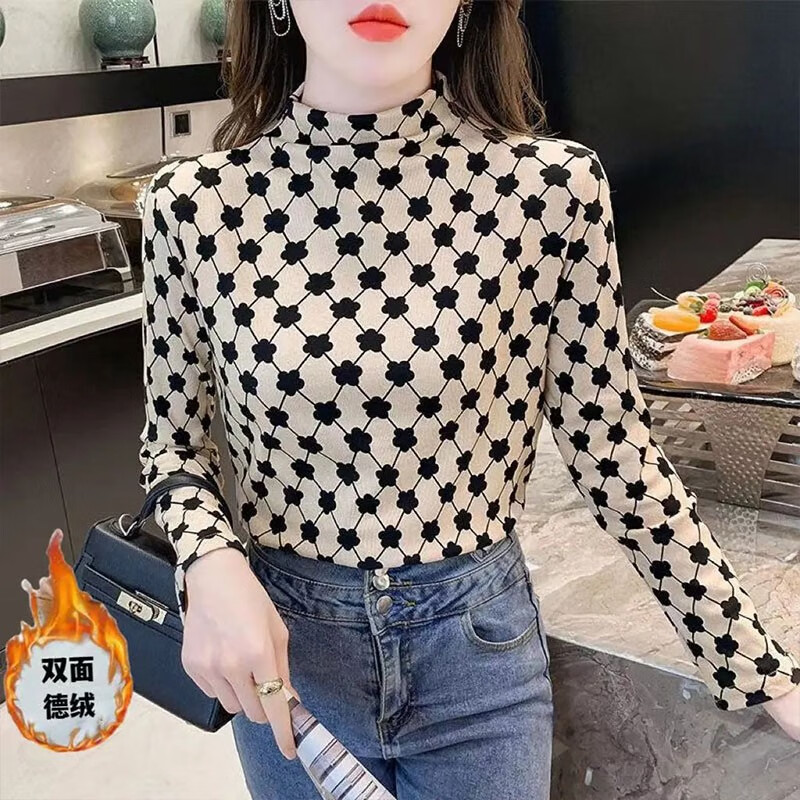 Chonglin double-sided German velvet half-turtle collar bottoming shirt for women 2025 autumn and winter new slim fit elastic inner long-sleeved T-shirt top black and white diamond check German velvet warm fabric XL recommended 115-125 pounds