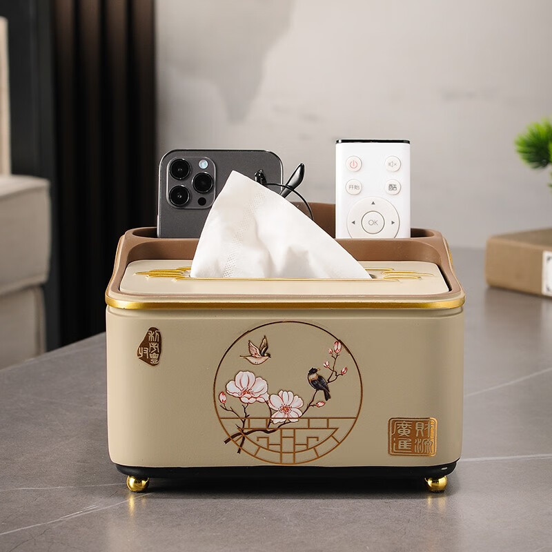 Yanze new Chinese style tissue box living room high-end light luxury design coffee table multi-function paper box home remote control storage box flower and bird storage box large (s031 marl)