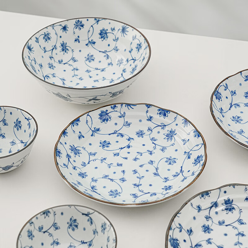 Minoware imported from Japan underglaze colored ceramic bowls and plates 6-piece tableware set