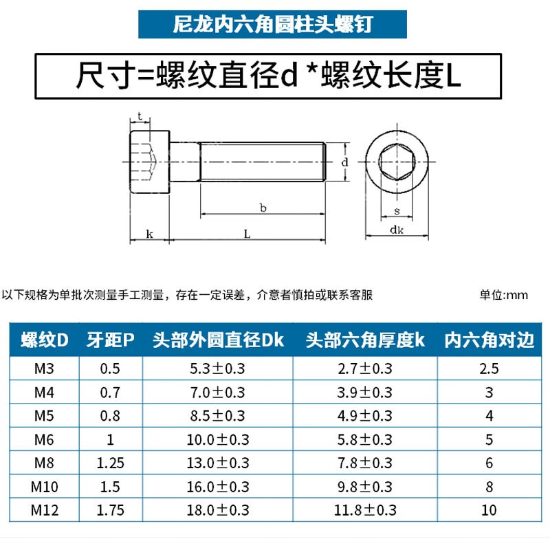 JINGGONG Nylon hex socket screws Plastic cup head screws Plastic hex socket screws Insulation screws M4*12 (50 pieces)