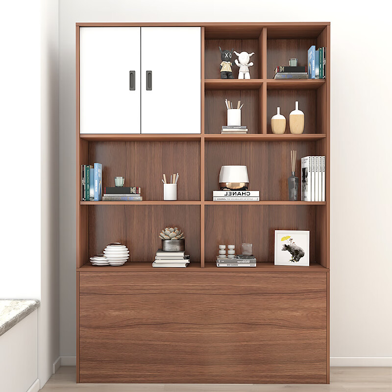 Pingzi set tatami wardrobe integrated bed bedroom furniture storage bookcase wardrobe bed box ENF grade paint-free board customization embossed walnut color 1.5m tatami + bookshelf cabinet + wardrobe