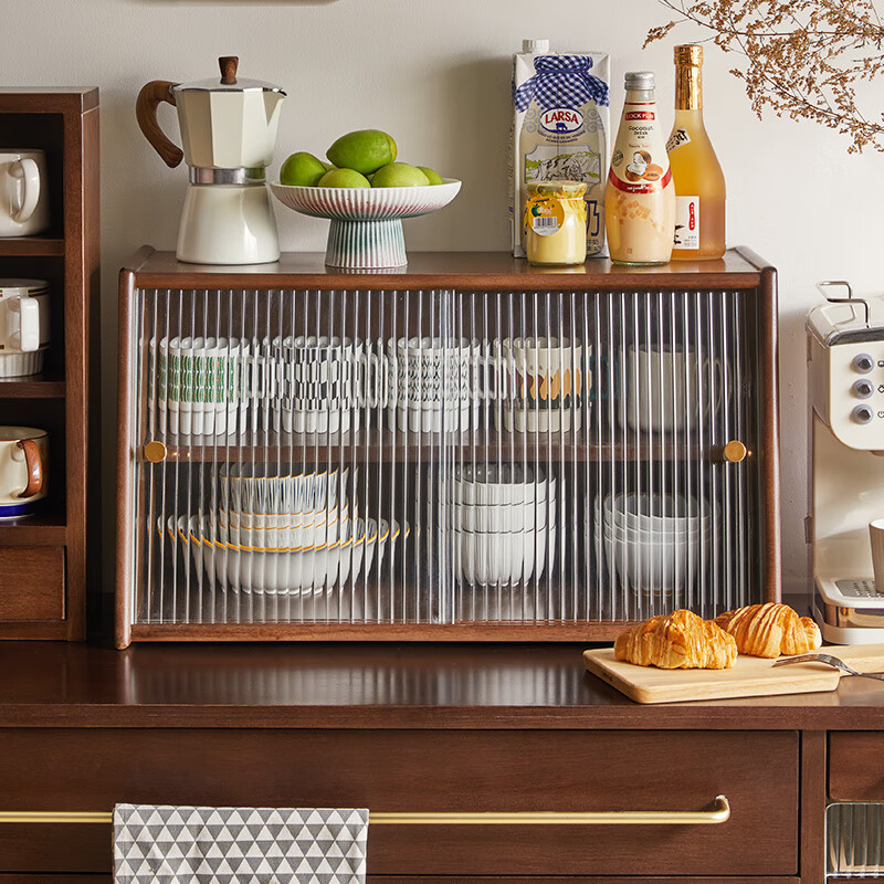 JIAYI solid wood desktop sideboard dining table countertop storage cabinet cup storage rack storage cabinet cupboard tea side cabinet storage cabinet 60cm sliding door walnut color