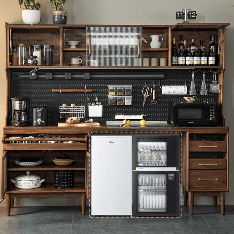 Panzhen solid wood sideboard black walnut dining table integrated wall high cabinet small apartment multi-functional storage cabinet wine cabinet North American black walnut 210*45*180cm assembled