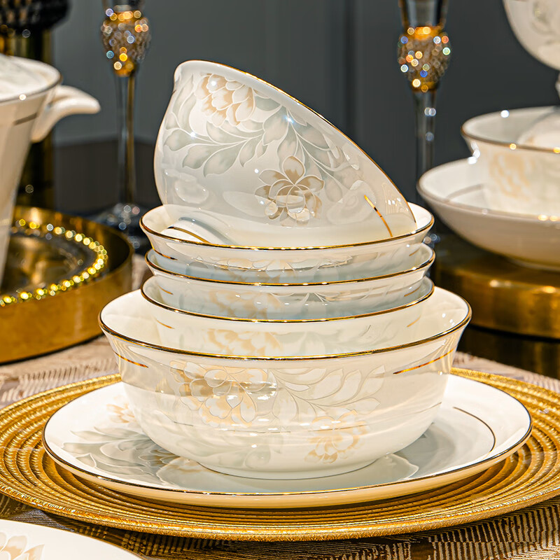 Yanlai Jingdezhen Ceramic Bowl Set Household Bowl Set Light Luxury Tableware Set Chinese Style Phnom Penh Housewarming Bowls and Chopsticks One Season Flowers Bloom 56 Prince Gold Edition Gift Box