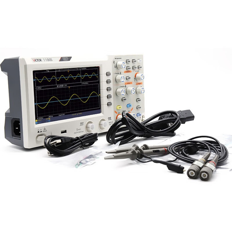 Victory Instrument (VICTOR) oscilloscope, high-precision dual-channel digital storage oscilloscope, multi-function digital display desktop waveform display with probe, sampling rate 1GSs/s bandwidth 100MHz VC1100S