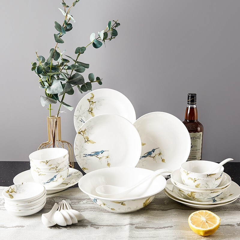 Yuquan tableware set Chinese household ceramic tableware rice bowls and plates kitchen set dishes and bowls Gaochun ceramics Green Spirit 20-piece set