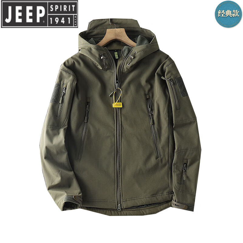 JEEP SPIRIT Jeep Brand Wall Crack Outdoor Tactical Soft Shell Jacket Men's Spring, Autumn and Winter Plus Velvet Windproof and Waterproof Jacket Military Green BAB02 S (80-100 catties)