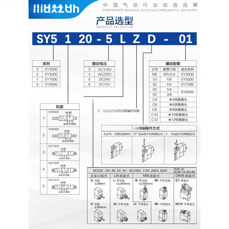 Jinghuilai type solenoid valve SY5120/5220/5320/-3/4/6/5LZD/LZE/MZD/G-01 SY5220-5LZE-01