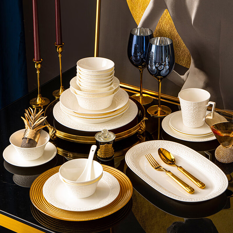 NINE CRANES embossed tableware complete set of household bowls and plates, high-end Jingdezhen underglaze color bone china tableware, housewarming gift bowl and dish set, 60-piece set丨Jingdezhen first-class underglaze color bone china