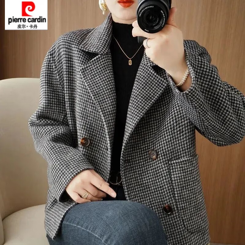 Pierre Cardin Houndstooth Plaid Woolen Coat Women's Short Small 2025 Spring and Autumn New High-end Fashion Plaid Woolen Coat Black Plaid XL 112-122 Jin