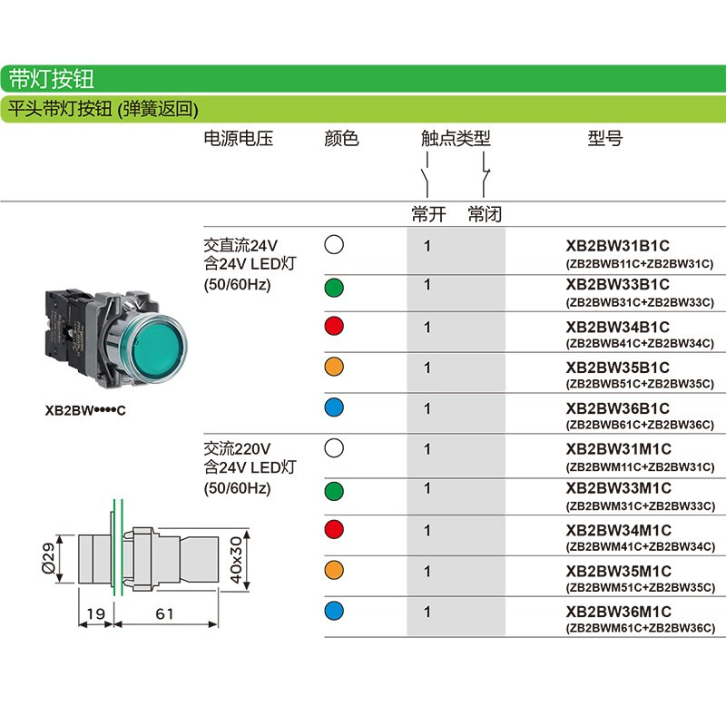 Original Schneider XB2BW illuminated button self-reset start stop switch color red yellow blue green white contact ZB2BE101 normally open 102 normally closed XB2-BW33M5C green 1 open 1 closed 220VAC