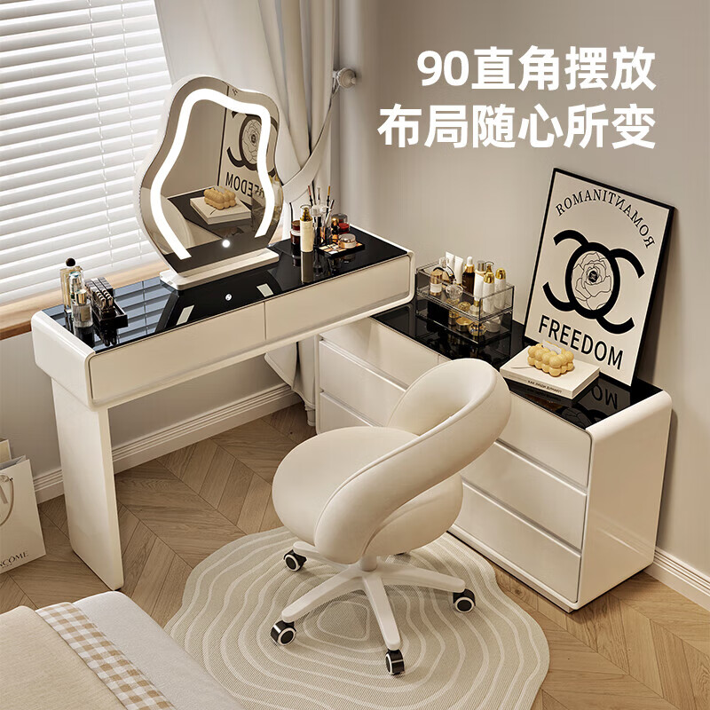 Xinang Cream Style Dressing Table 2024 New Extremely Narrow 30cm Bedroom Simple Modern Drawer Cabinet Integrated Bedside Cabinet Makeup Table White 80cm + Six Drawer Cabinet + Cloud Mirror + Petal Chair