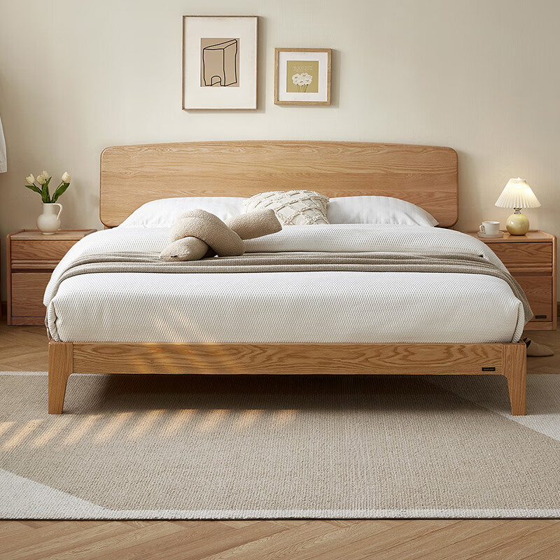 Quanyou Home Nordic log style North American red oak solid wood bed small apartment home bedroom double bed 1.5x2 meters