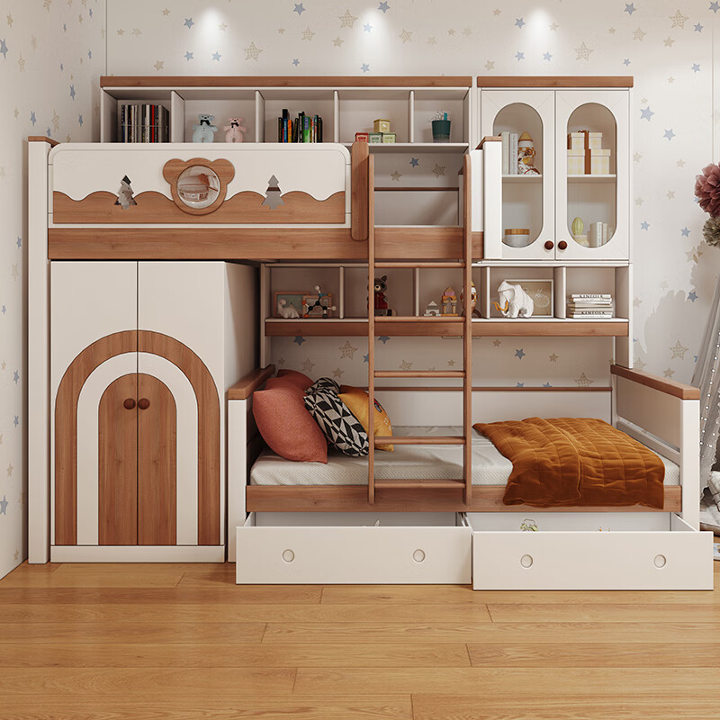 Youmanjia all solid wood staggered bunk bed for children so that they do not interfere with each other. Bunk bed with split-level height and low bed. Red walnut wood can be customized. Bunk bed + two-door wardrobe. 1.2*2 meters. Same width as upper and lower.