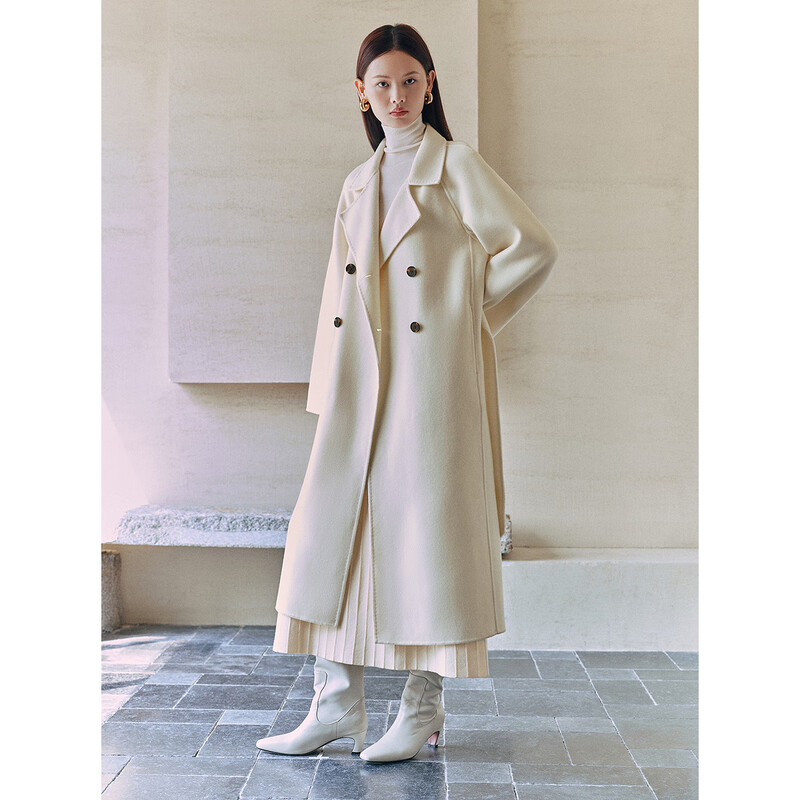 PEACEBIRD Women's Woolen Coat Master Zhen velvet series bathrobe double-sided woolen Hepburn style off-white M