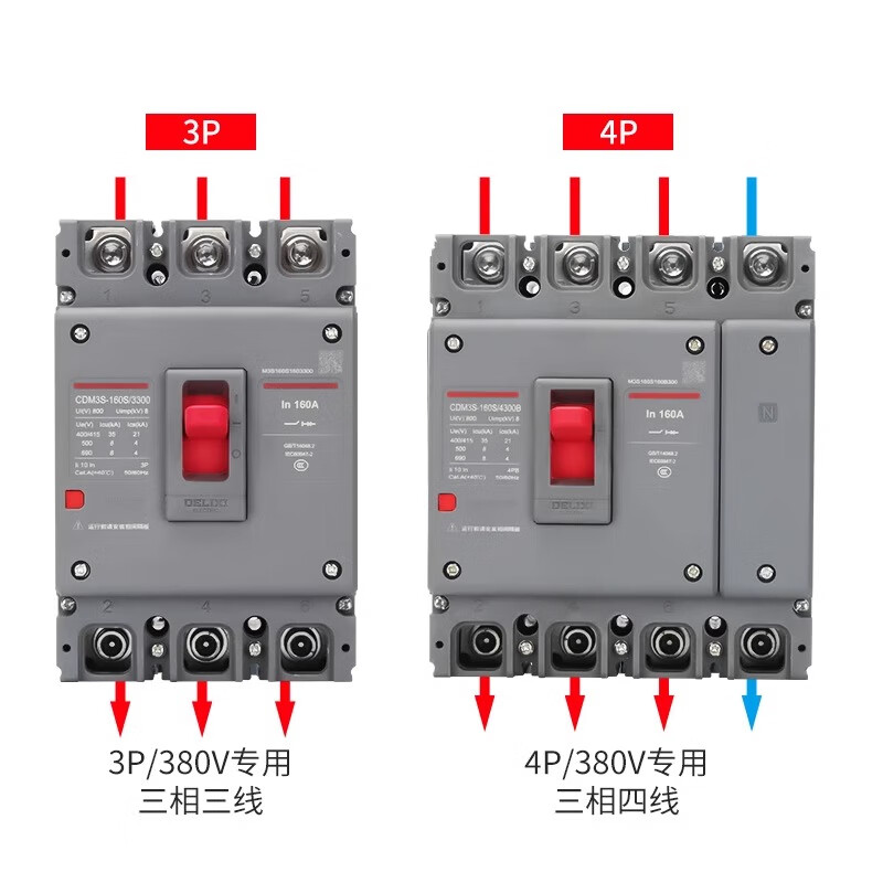 Delixi plastic case circuit breaker CDM3S air switch 100A160A250A400 three-phase 3P four-wire 4P380v 125A 3P