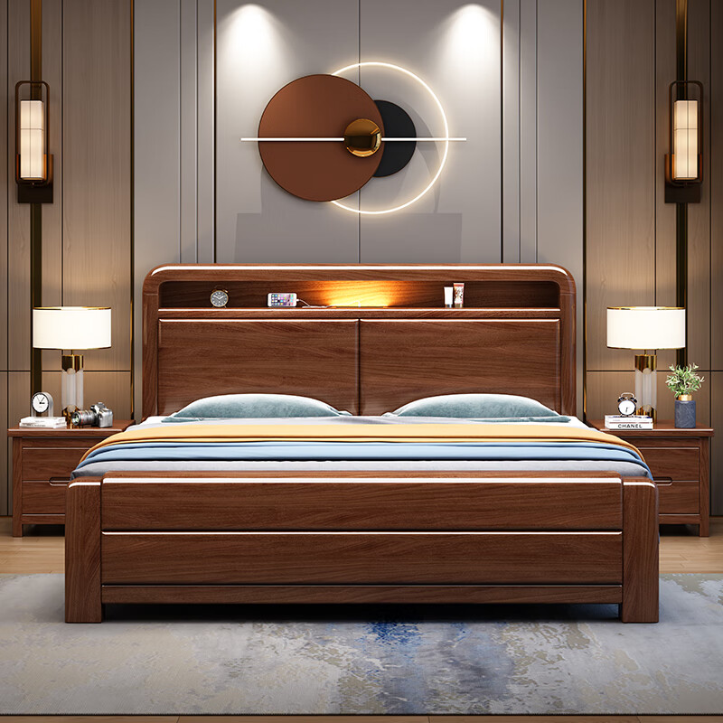 Maiyayue walnut new Chinese style solid wood 1.8m double bed master bedroom wedding bed solid wood bed simple modern 1.5m home bed walnut bed + latex brown cushion 1800*2000mm frame style