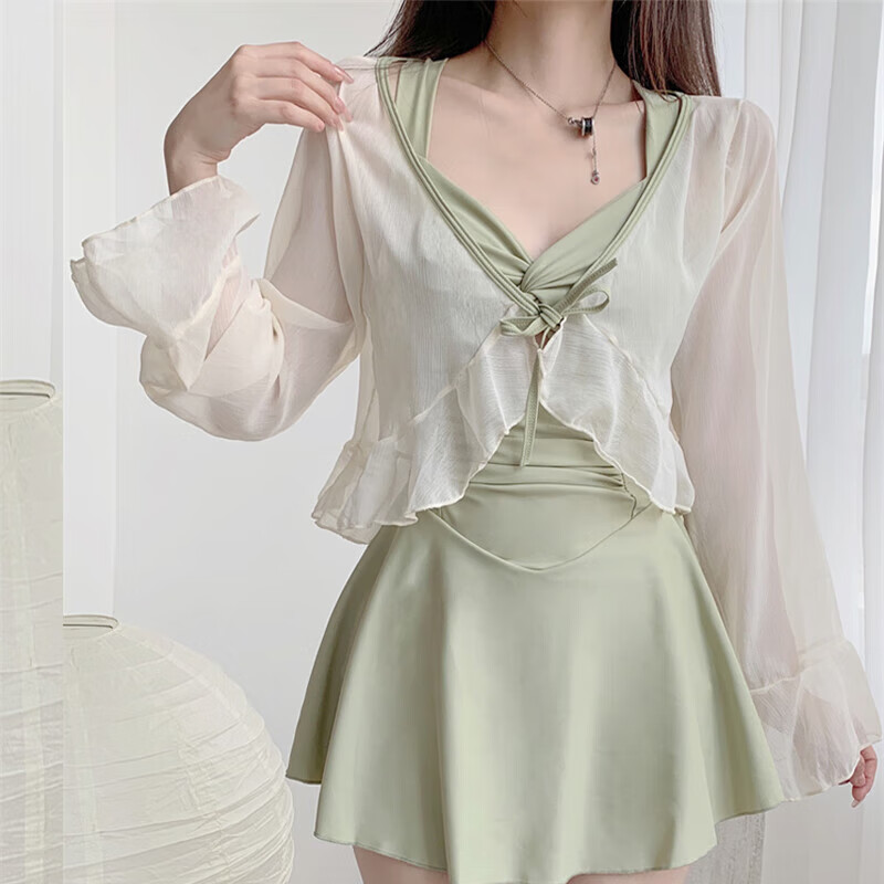 Morikami Yuji two-piece swimsuit for women, summer pure desire one-piece conservative cover-up, slim and belly-covering, high-end sexy hot spring beach swimsuit, bean green swimsuit, two-piece set 80-120 pounds