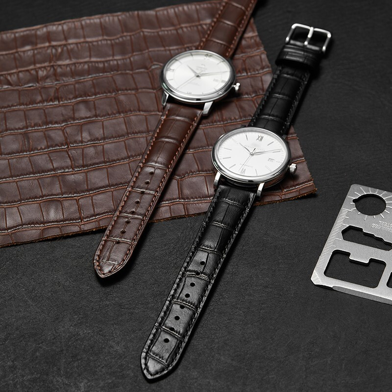 Istrap genuine leather strap for men and women crocodile pattern cowhide suitable for Tissot, Longines, Mido, Citizen, Casio dw, Seiko, Seagull, Fiyada, Armani watch with Leloc bracelet, brown thread, same color thread, rose gold pin buckle, and dial interface width 21mm