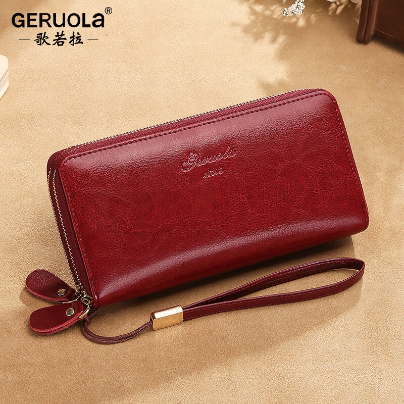 Gorola Wallet Women's Long Genuine Leather Fashion Temperament Versatile Soft Leather Large Capacity Zipper Wallet Clutch Can Hold Mobile Phone Bag Burgundy (Double Zipper) Anti-Theft Brush
