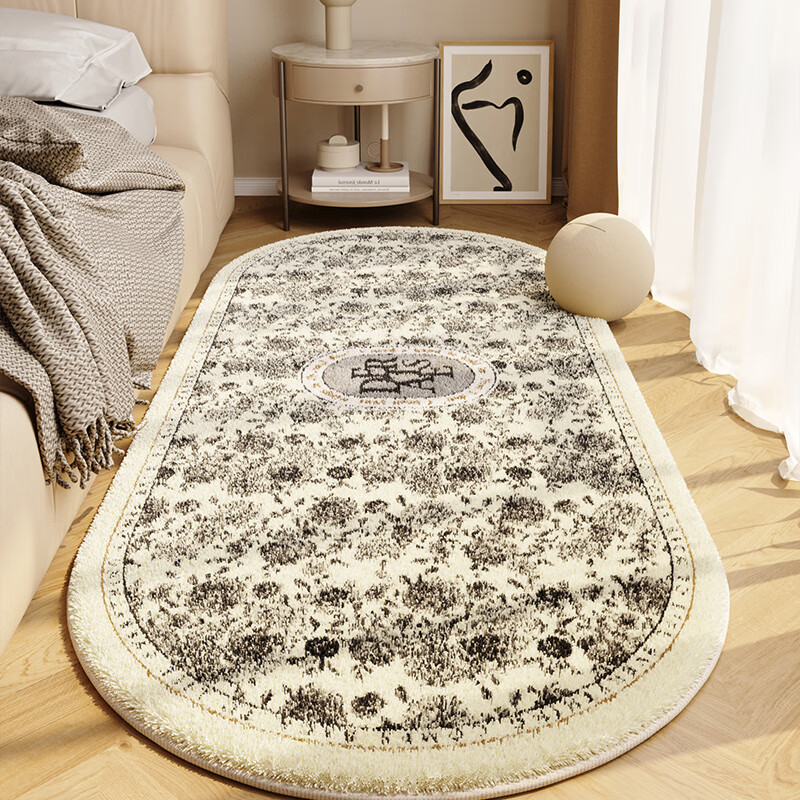 Steinmetz Bedside Carpet, Lamb's Velvet, High-end Bedroom Strip Carpet, Oval, Master Bedroom Thick Foot Rug in Front of Bed, Blue Night Quiet Point Plastic Bottom, Lamb's Velvet - Oval 80*160cm