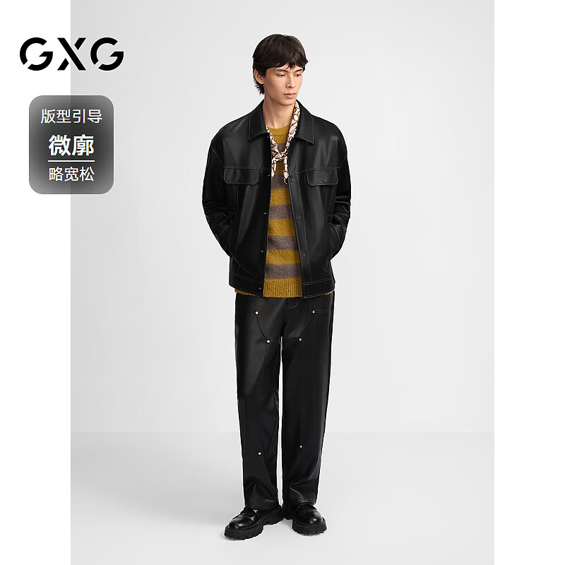 GXG men's simple topstitch design pu leather jacket for men black 175/L