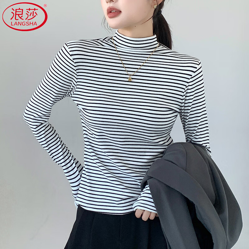 Langsha striped bottoming shirt for women winter 2025 new double-sided brushed half-high collar slim slim long-sleeved inner top
