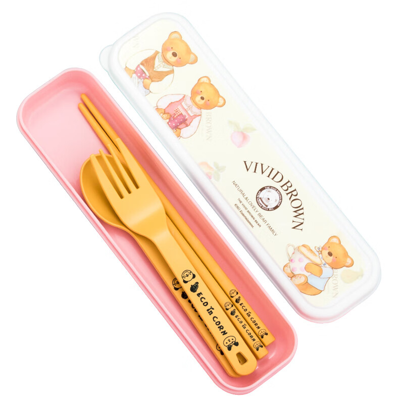 Kitshine Korean imported children's portable tableware student chopsticks spoon and fork set environmentally friendly cartoon corn starch production corn chopsticks spoon and fork 1 head
