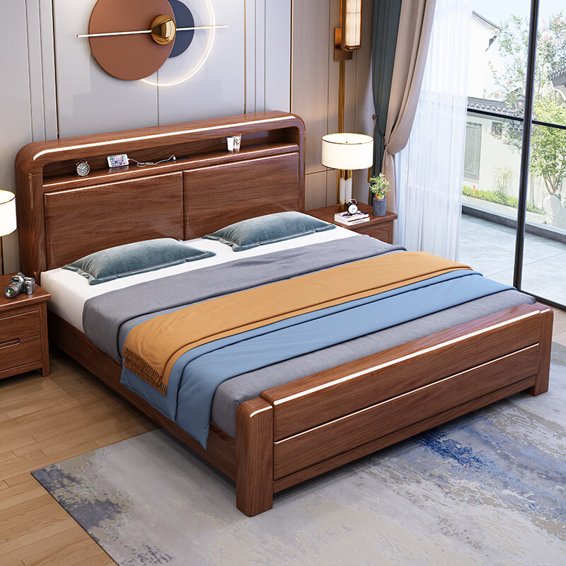 Maiyayue walnut new Chinese style solid wood 1.8m double bed master bedroom wedding bed solid wood bed simple modern 1.5m home bed walnut bed + latex brown cushion 1800*2000mm frame style