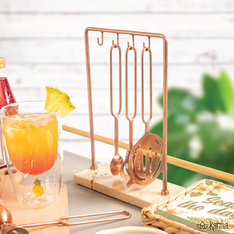 Karma Bartender Set 5-Piece Bar Tool Set with Marble Stand Home Bartending Set Copper