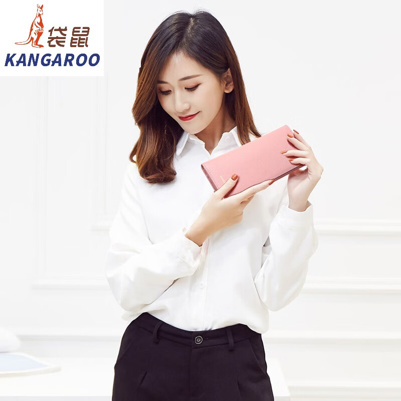 Kangaroo (KANGAROO) carefully selected quality wallet women's long genuine leather 2024 new student wallet Xiaoqing Korean first layer cowhide clip thin pink (thick version)