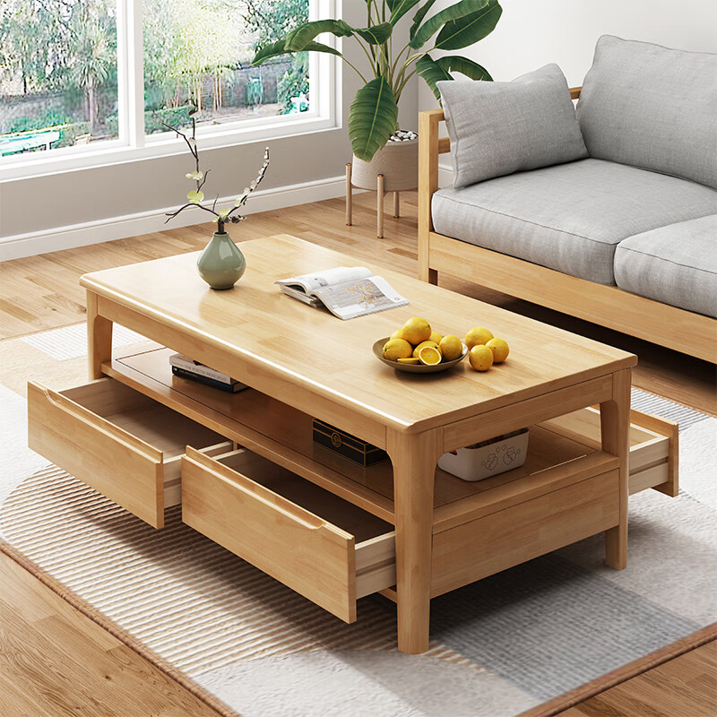 Siguyuan solid wood coffee table living room household size simple modern European tea cabinet slate double layer tea table with drawers new four-drawn wood color 120x60x45cm self-installation