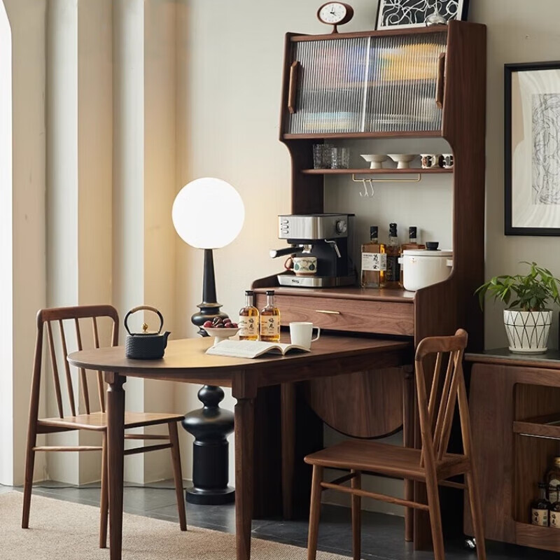 First pick-up black walnut sideboard solid wood dining table integrated cabinet folding wall high cabinet with built-in table wine cabinet multi-function North American black walnut sideboard 0.8M