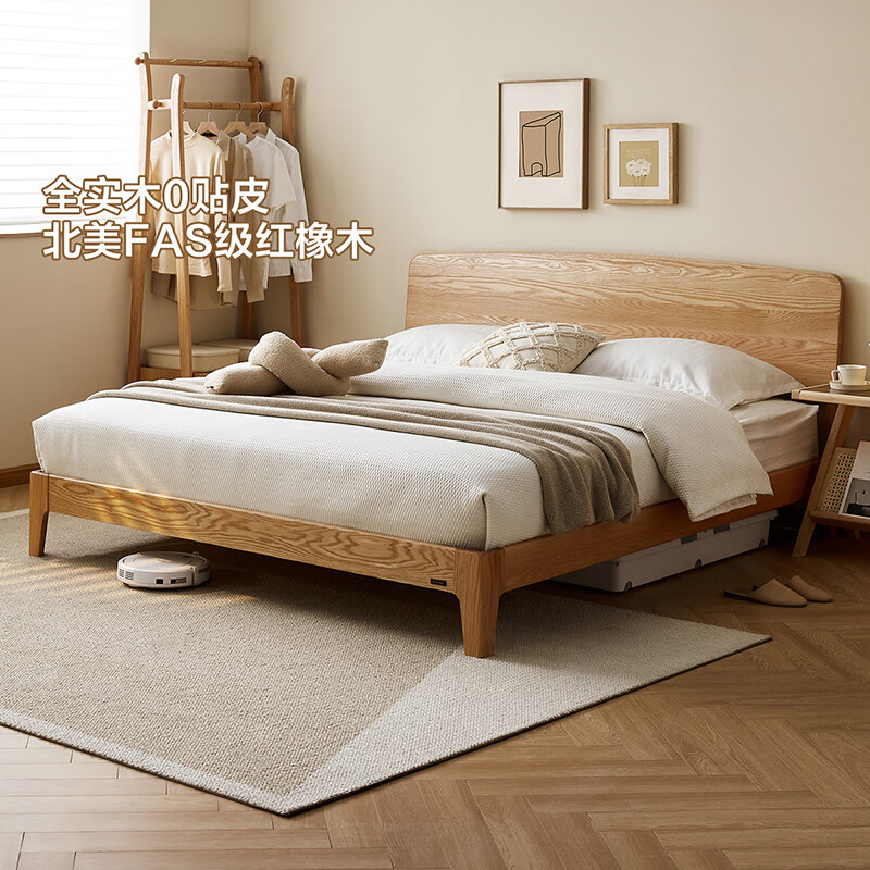 Quanyou Home Nordic log style North American red oak solid wood bed small apartment home bedroom double bed 1.5x2 meters