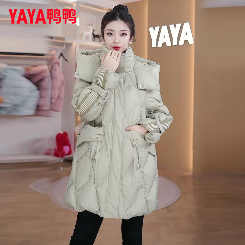 YAYA Down Jacket Women's Mid-Length 2025 Winter New Personalized Versatile Striped Thickened Hooded Casual Warm Jacket HY Black L (165)