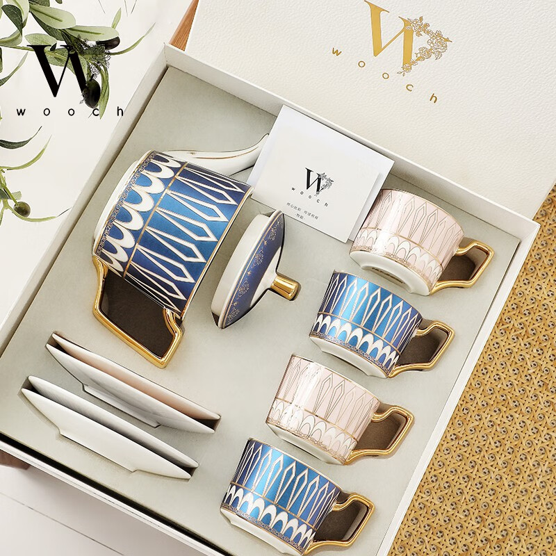 WOOCH Victoria 1 Pot 4 Cups and Saucers Gift Box Light Luxury Afternoon Tea Set New Home Gift Wedding Gift Victoria 1 Pot 4 Cups and Saucers - Brilliant Blue + Red Gift Box