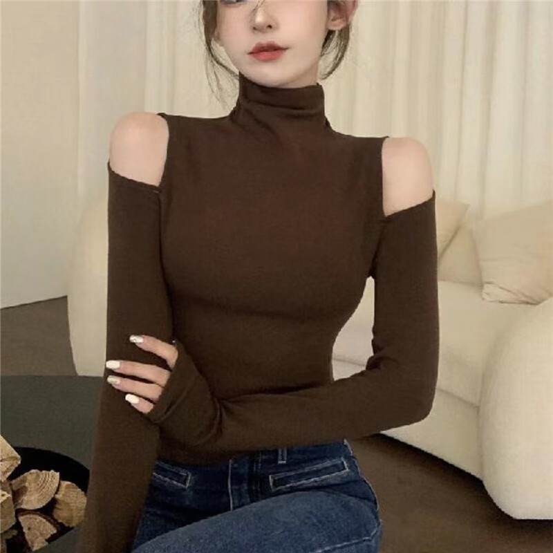 Zhou Xin's design high-necked bottoming shirt for women in spring and autumn with a high-end feel, a slim-fitting off-shoulder top, a fashionable long-sleeved T-shirt, burgundy S