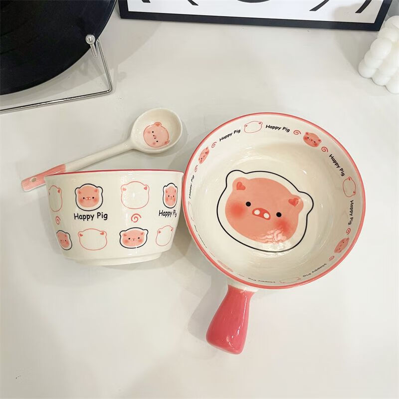 Fantasy Happy Piggy One Person Food Cute Girly Heart Tableware Hand Bowl Baked Rice Bowl Ceramic Underglaze Colored Tableware Set Handle Bowl + Handle Plate 2-piece Set